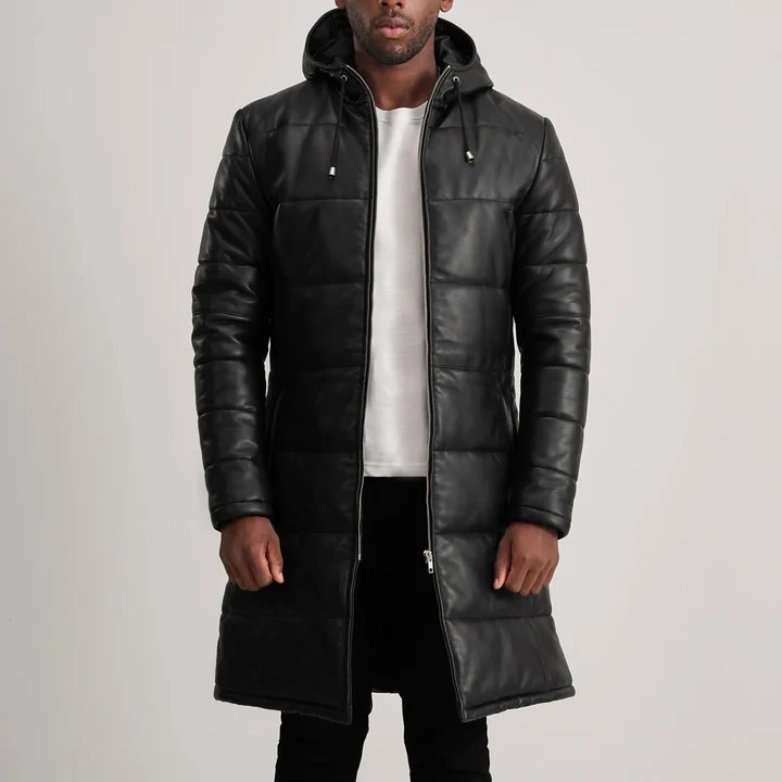 Floyd Black Hooded Leather Puffer Coat