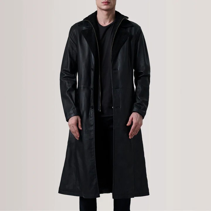 Charlton Black Leather Single Breasted Coat