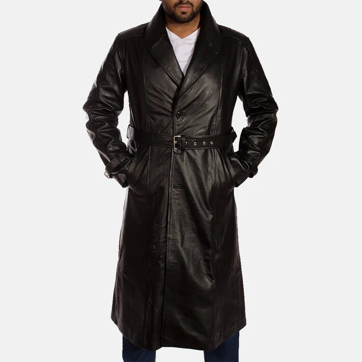Hooligan Black Leather Trench Coat